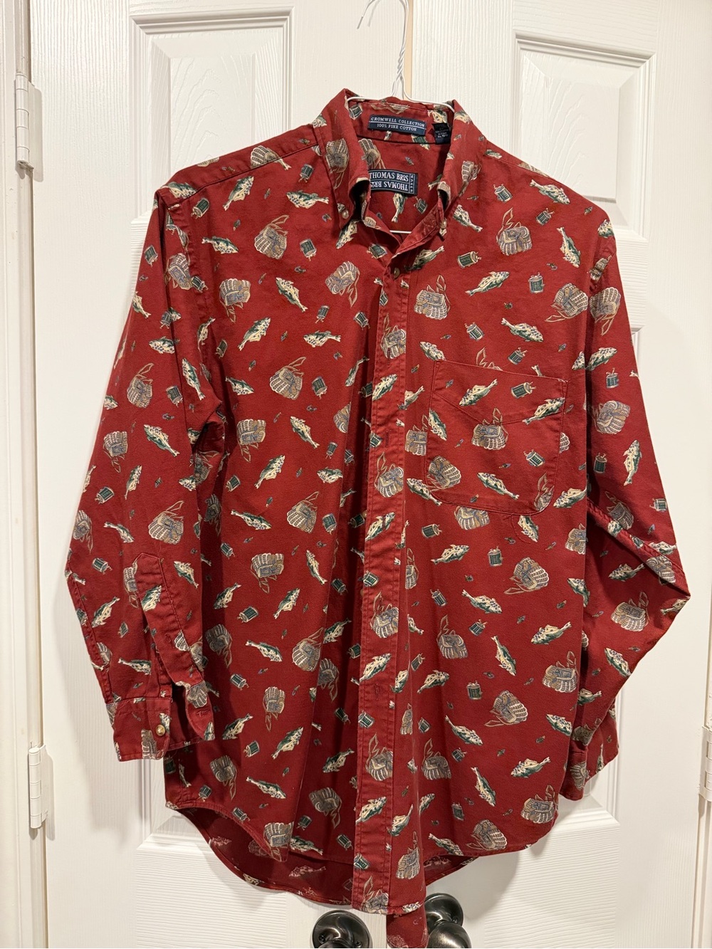 Thomas Bros Maroon Novelty fishing Print Long-Sleeve Button-Down Shirt